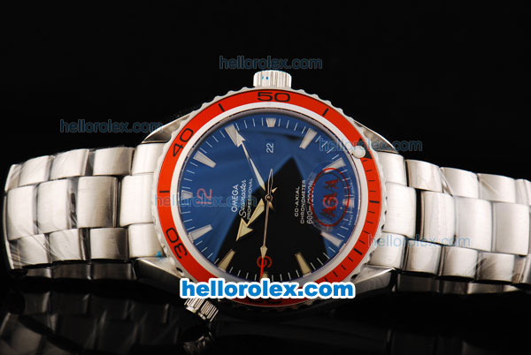 Omega Seamaster Automatic Movement ETA Coating Case with Black Dial-Red Bezel and Stick/Numeral Markers-SS Strap - Click Image to Close