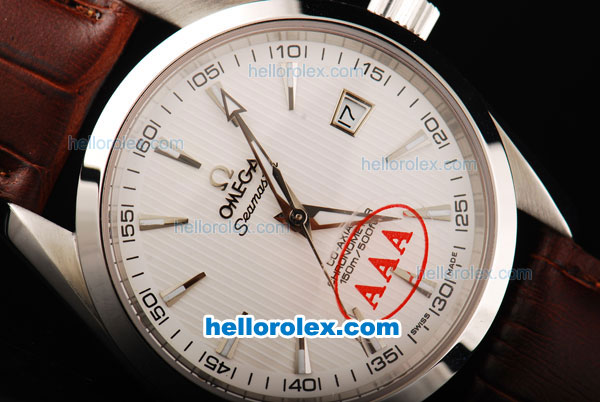 Omega Seamaster Automatic Movement Swiss Coating Case with White Dial and Brown Leather Strap - Click Image to Close
