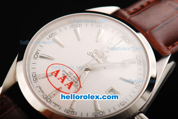 Omega Seamaster Automatic Movement Swiss Coating Case with White Dial and Brown Leather Strap - Click Image to Close