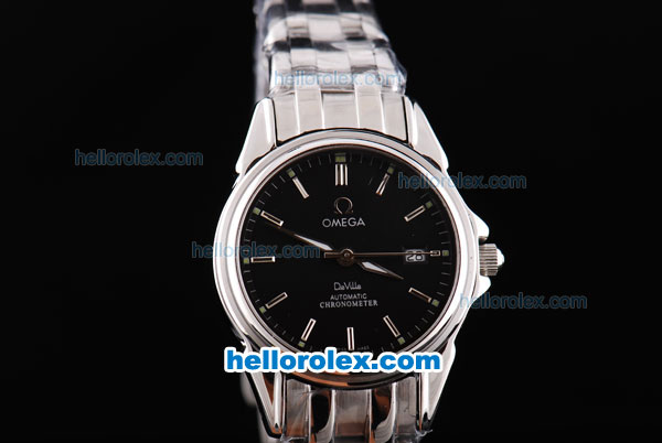 Omega Deville CO-AXIAL Swiss ETA 2671 Automatic Movement Silver Case with Black Dial and SS Strap-Lady Size - Click Image to Close