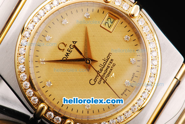 Omega Constellation Automatic Movement Gold Dial with Diamond Hour Marker and Diamond Bezel-Two Tone Strap - Click Image to Close