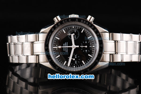 Omega Speedmaster Swiss Valjoux 7750 Chronograph Movement Silver Case with Black Dial-Black Bezel - Click Image to Close