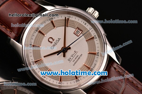 Omega De Ville Hour Vision Swiss ETA 2836 Automatic Steel Case and Brown Leather Strap with White Dial - Click Image to Close