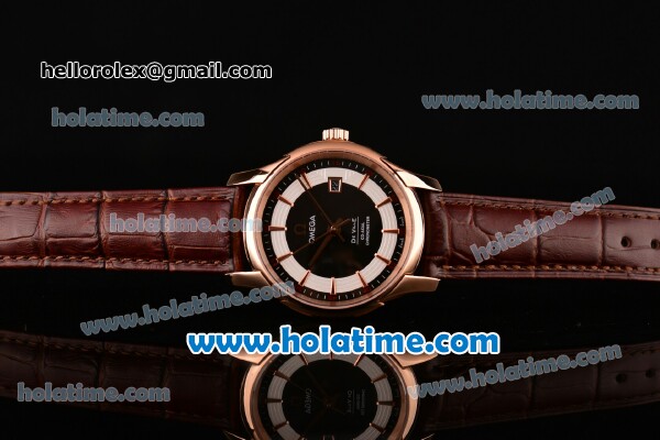 Omega De Ville Hour Vision Swiss ETA 2836 Automatic Rose Gold Case and Brown Leather Strap with Black Dial - Click Image to Close