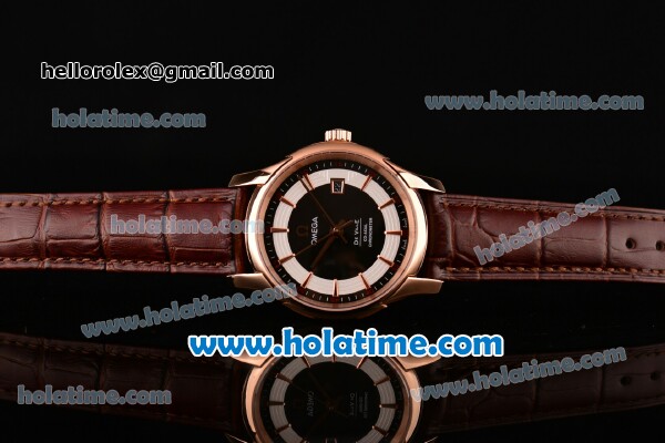 Omega De Ville Hour Vision Swiss ETA 2836 Automatic Rose Gold Case and Brown Leather Strap with Black Dial - Click Image to Close