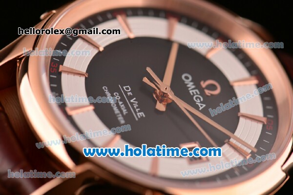 Omega De Ville Hour Vision Swiss ETA 2836 Automatic Rose Gold Case and Brown Leather Strap with Black Dial - Click Image to Close