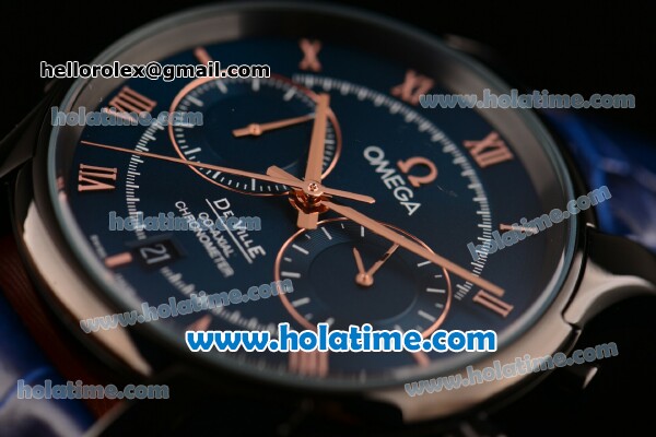 Omega De Ville Co-Axial Chronograph VK Quartz Movement PVD Case and Blue Leather Strap with Blue Dial - Click Image to Close