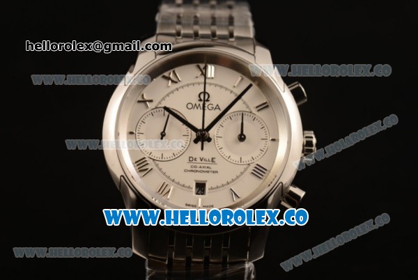 Omega De Ville Co-Axial Chrono Clone Omega 9300 Automatic Steel Case with White Dial and Steel Bracelet - (EF) - Click Image to Close