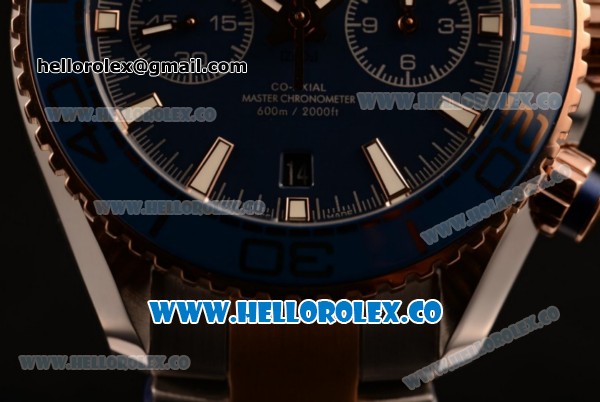 Omega Planet Ocean 600M Co-Axial Master Chronometer Chrono Clone Omega 9901 Automatic Two Tone Case with Blue Dial and Two Tone Bracelet (EF) - Click Image to Close