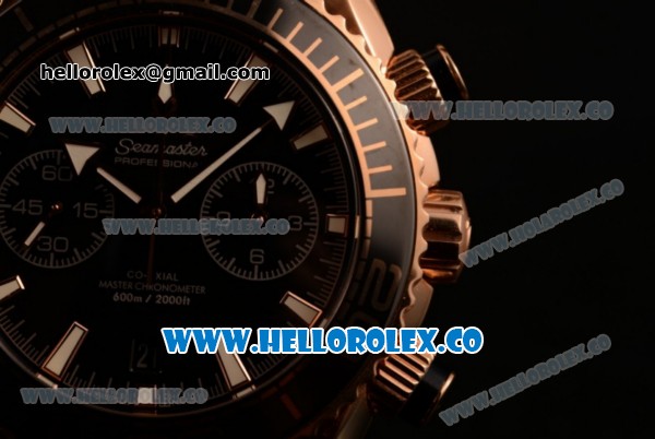 Omega Planet Ocean 600M Co-Axial Master Chronometer Chrono Clone Omega 9901 Automatic Rose Gold Case with Black Dial and Black Leather Strap (EF) - Click Image to Close