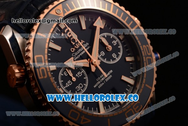 Omega Planet Ocean 600M Co-Axial Master Chronometer Chrono Clone Omega 9901 Automatic Steel Case with Blue Dial and Blue Leather Strap (EF) - Click Image to Close