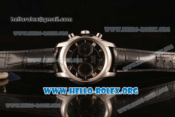 Omega De Ville Co-axial Chronograph Clone Omega 9300 Automatic Steel Case with Black Dial and Black Leather Strap (EF) - Click Image to Close