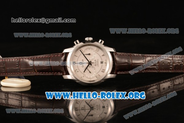 Omega De Ville Co-axial Chronograph Clone Omega 9300 Automatic Steel Case with White Dial and Brown Leather Strap (EF) - Click Image to Close