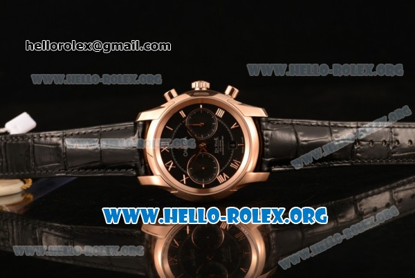 Omega De Ville Co-axial Chronograph Clone Omega 9300 Automatic Rose Gold Case with Black Dial and Black Leather Strap (EF) - Click Image to Close