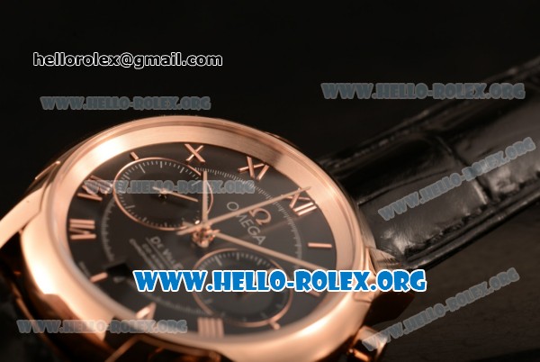 Omega De Ville Co-axial Chronograph Clone Omega 9300 Automatic Rose Gold Case with Black Dial and Black Leather Strap (EF) - Click Image to Close