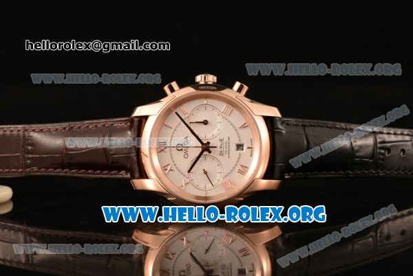 Omega De Ville Co-axial Chronograph Clone Omega 9300 Automatic Rose Gold Case with White Dial and Black/Brown Leather Strap (EF) - Click Image to Close