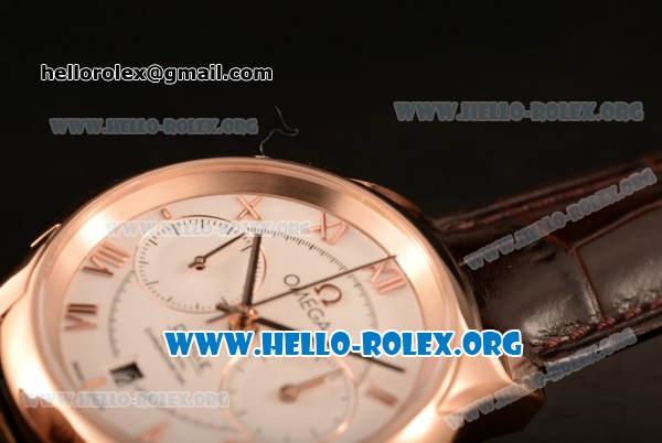 Omega De Ville Co-axial Chronograph Clone Omega 9300 Automatic Rose Gold Case with White Dial and Black/Brown Leather Strap (EF) - Click Image to Close