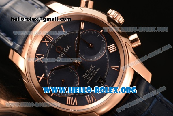 Omega De Ville Co-axial Chronograph Clone Omega 9300 Automatic Rose Gold Case with Blue Dial and Blue Leather Strap (EF) - Click Image to Close