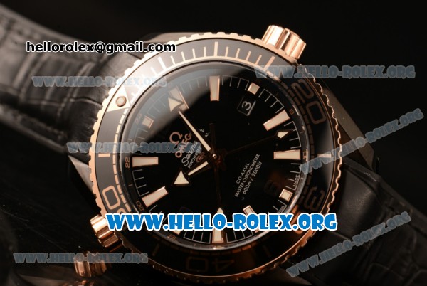 Omega Seamaster Planet Ocean Deep Black GMT Clone Omega 8906 Automatic PVD Case with Black Dial and Black Leather Strap (EF) - Click Image to Close