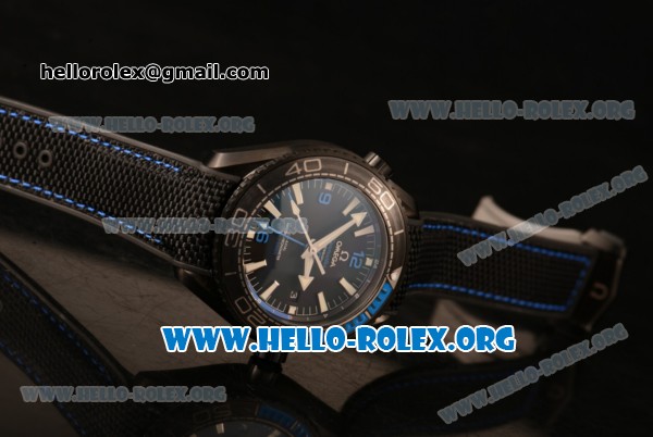Omega Seamaster Planet Ocean GMT Blue Deep Black Clone Omega 8906 Automatic PVD Case with Black Dial and Black Rubber Strap (EF) - Click Image to Close