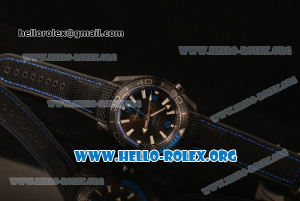 Omega Seamaster Planet Ocean GMT Blue Deep Black Clone Omega 8906 Automatic PVD Case with Black Dial and Black Rubber Strap (EF) - Click Image to Close