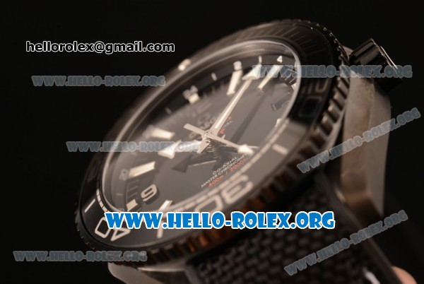 Omega Seamaster Planet Ocean GMT "Deep Black" Clone Omega 8906 Automatic PVD Case with Black Dial and Black Rubber Strap (EF) - Click Image to Close
