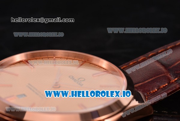 Omega De Ville Tresor Master Co-Axial Swiss ETA 2824 Automatic Rose Gold Case with Brown Leather Strap and Orange Dial - Click Image to Close