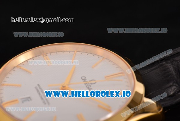 Omega De Ville Tresor Master Co-Axial Swiss ETA 2824 Automatic Yellow Gold Case with Black Leather Strap and White Dial - Click Image to Close