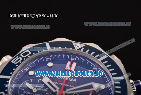 Omega Seamaster Diver 300M Co-Axial Chrono Swiss Valjoux 7753 Automatic Steel Case with Blue Dial White Markers and Blue Rubber Strap - Click Image to Close