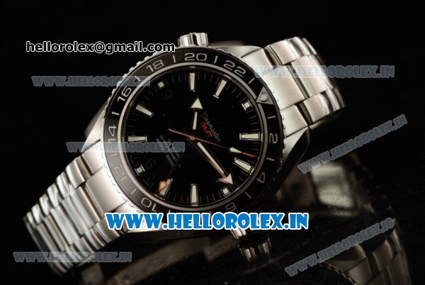 Omega Seamaster Planet Ocean 600M Co-axial GMT Clone Omega 8605 Automatic Steel Case Black Dial With Stick Markers Steel Bracelet- 1:1 Original(KW) - Click Image to Close