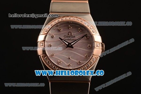 Omega Constellation Ladies Miyota Quartz Two Tone Case/Bracelet with Pink MOP Dial Diamonds Markers and Diamonds Bezel (AAAF) - Click Image to Close