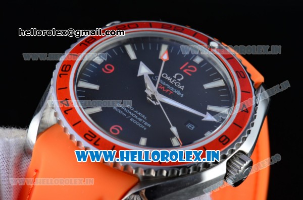 Omega Seamaster Planet Ocean GMT Asia 2813 Automatic Steel Case with Black Dial Orange Rubber Strap and Orange Bezel - Click Image to Close