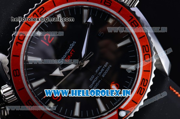 Omega Seamaster Planet Ocean GMT Asia 2813 Automatic Steel Case with Black Dial Black Rubber Strap and Orange Bezel - Click Image to Close