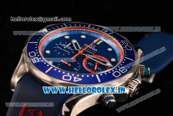 Omega Seamaster Diver 300M Chrono Miyota OS20 Quartz Steel Case with Blue Dial and Red Inner Bezel - Click Image to Close