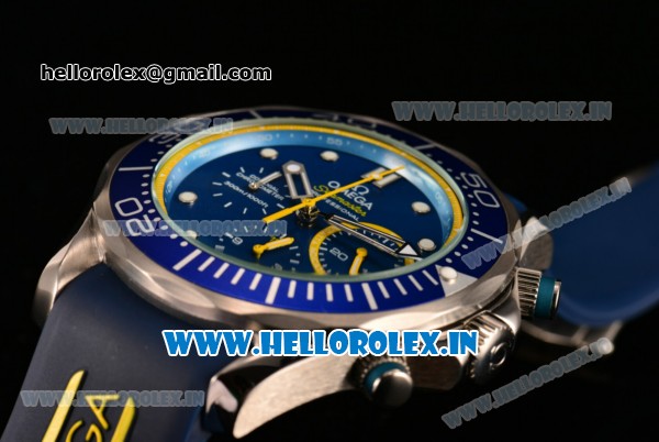 Omega Seamaster Diver 300M Chrono Miyota OS20 Quartz Steel Case with Blue Dial and Yellow Inner Bezel - Click Image to Close