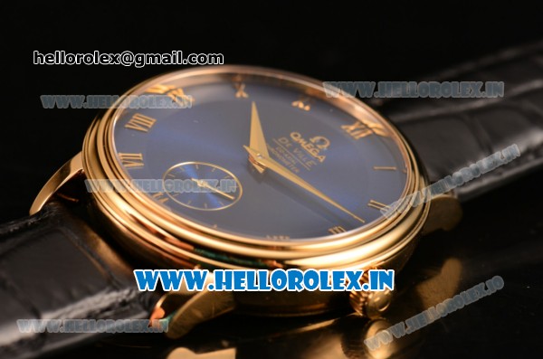 Omega De Ville Co-Axial Swiss ETA 2824 Automatic Yellow Gold Case with Blue Dial and Roman Numeral Markers - Click Image to Close