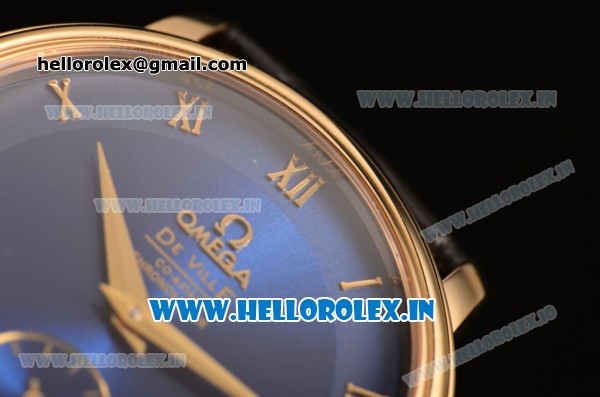 Omega De Ville Co-Axial Swiss ETA 2824 Automatic Yellow Gold Case with Blue Dial and Roman Numeral Markers - Click Image to Close