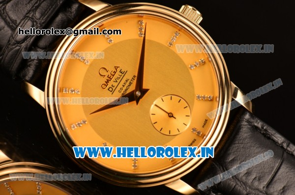 Omega De Ville Co-Axial Swiss ETA 2824 Automatic Yellow Gold Case with Gold Dial and Diamonds Markers - Click Image to Close