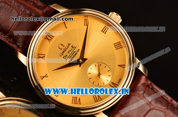 Omega De Ville Co-Axial Swiss ETA 2824 Automatic Yellow Gold Case with Gold Dial and Brown Leather Strap - Click Image to Close