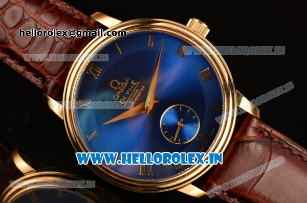 Omega De Ville Co-Axial Swiss ETA 2824 Automatic Yellow Gold Case with Blue Dial and Brown Leather Strap - Click Image to Close