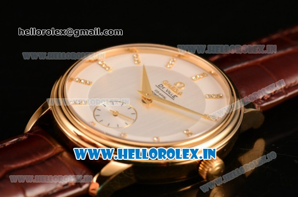 Omega De Ville Co-Axial Swiss ETA 2824 Automatic Yellow Gold Case with Silver Dial and Brown Leather Strap - Click Image to Close