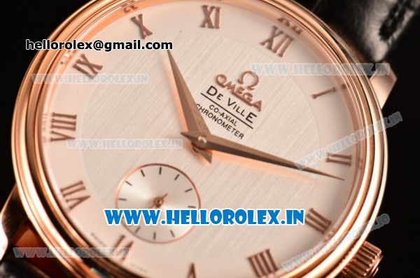 Omega De Ville Co-Axial Swiss ETA 2824 Automatic Rose Gold Case with Roman Numeral Markers and Silver Dial - Click Image to Close