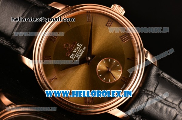 Omega De Ville Co-Axial Swiss ETA 2824 Automatic Rose Gold Case with Roman Numeral Markers Gold Dial and Black Leather Strap - Click Image to Close