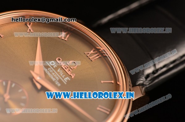 Omega De Ville Co-Axial Swiss ETA 2824 Automatic Rose Gold Case with Roman Numeral Markers Gold Dial and Black Leather Strap - Click Image to Close