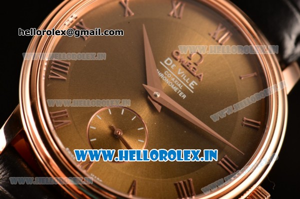 Omega De Ville Co-Axial Swiss ETA 2824 Automatic Rose Gold Case with Roman Numeral Markers Gold Dial and Black Leather Strap - Click Image to Close