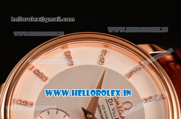 Omega De Ville Co-Axial Swiss ETA 2824 Automatic Rose Gold Case with Diamonds Markers Silver Dial and Brown Leather Strap - Click Image to Close