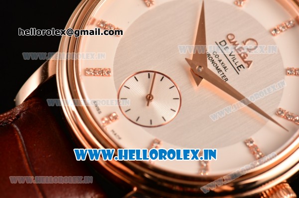 Omega De Ville Co-Axial Swiss ETA 2824 Automatic Rose Gold Case with Diamonds Markers Silver Dial and Brown Leather Strap - Click Image to Close