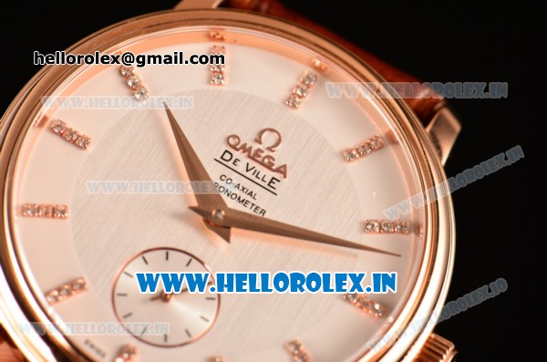 Omega De Ville Co-Axial Swiss ETA 2824 Automatic Rose Gold Case with Diamonds Markers Silver Dial and Brown Leather Strap - Click Image to Close