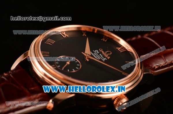 Omega De Ville Co-Axial Swiss ETA 2824 Automatic Rose Gold Case with Black Dial and Roman Numeral Markers - Click Image to Close