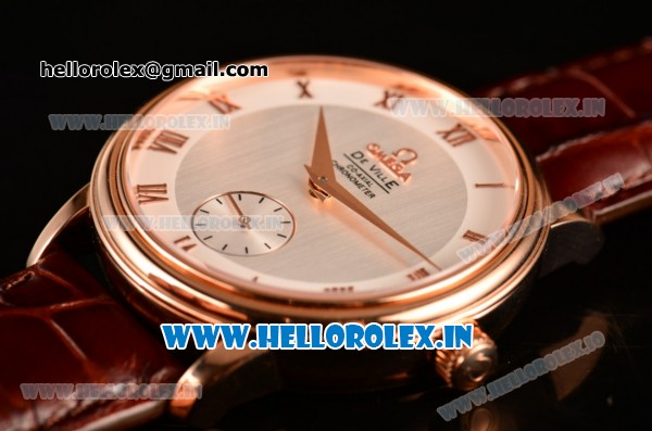 Omega De Ville Co-Axial Swiss ETA 2824 Automatic Rose Gold Case with Silver Dial Roman Numeral Markers and Brown Leather Strap - Click Image to Close